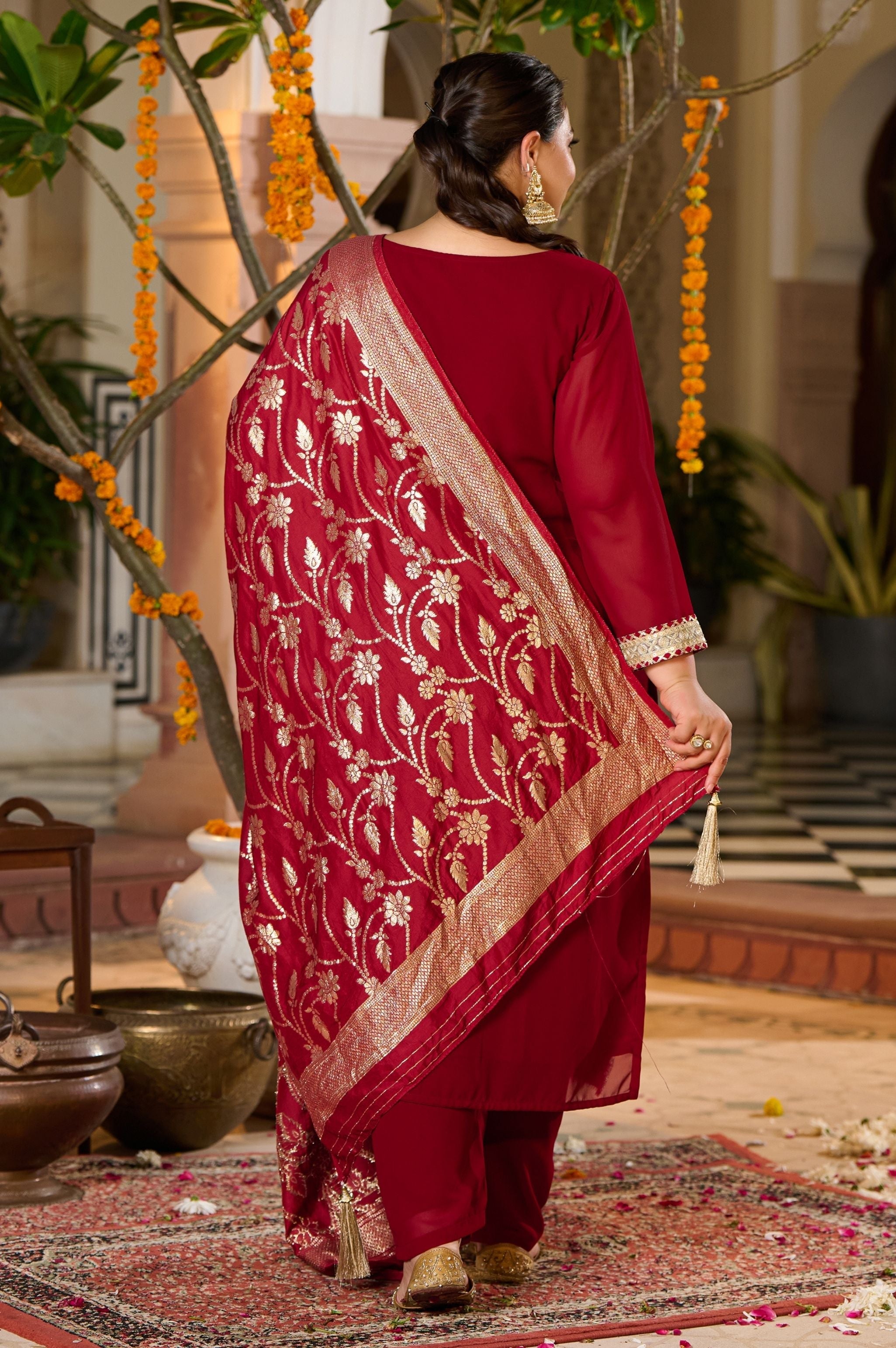 Plus Size Crimson Charm Festive Suit with Golden Accents