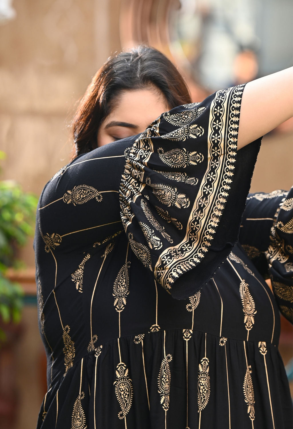 Plus Size Black Gold Printed Flared Sleeves Rayon Dress