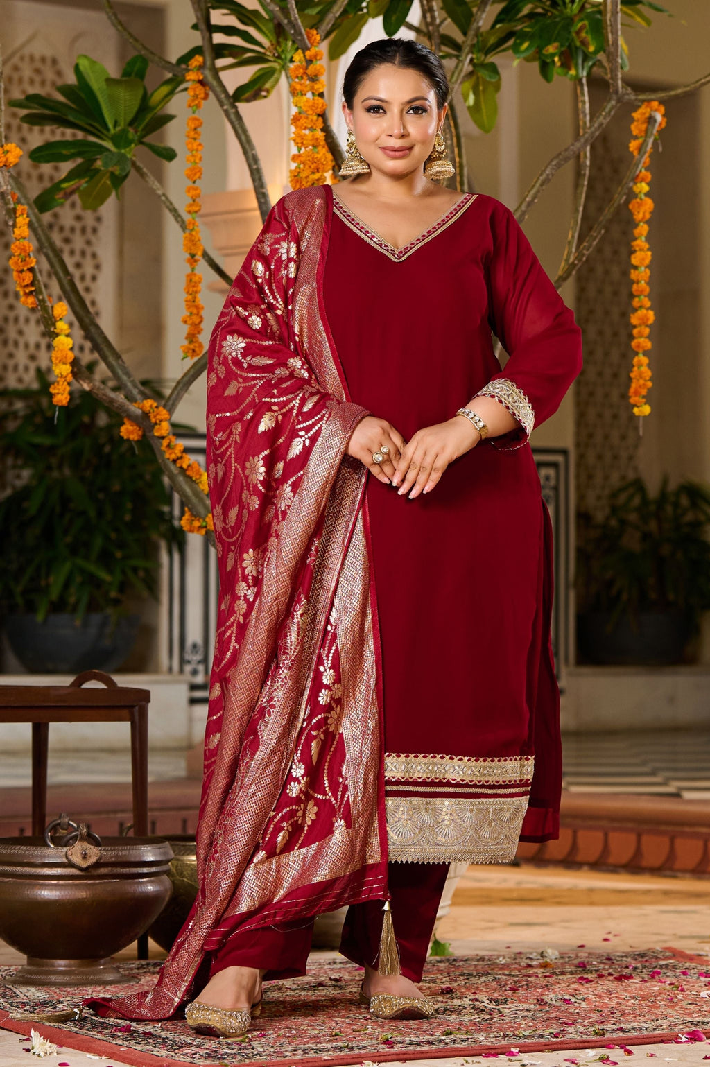 Plus Size Crimson Charm Festive Suit with Golden Accents