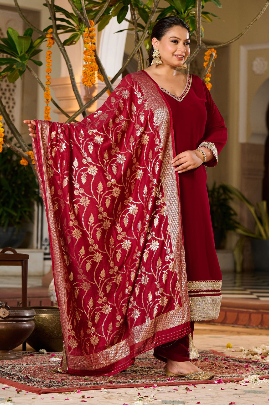 Plus Size Crimson Charm Festive Suit with Golden Accents