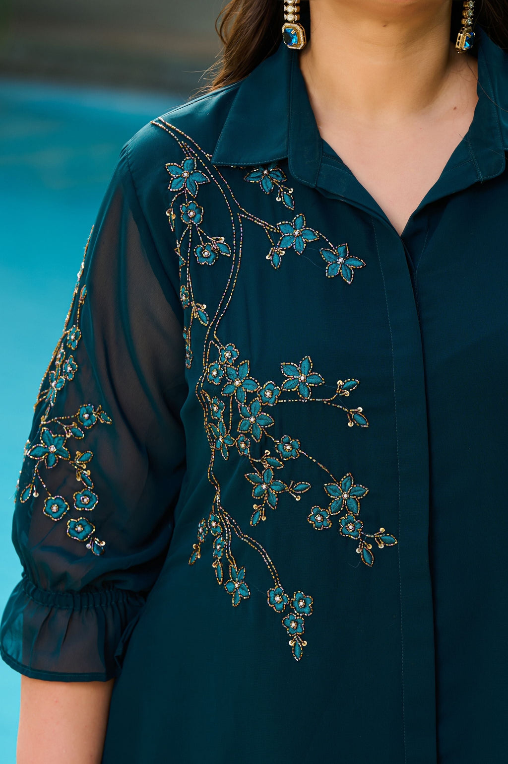 Plus Size Teal Blue Embellished Georgette Co-ord Set