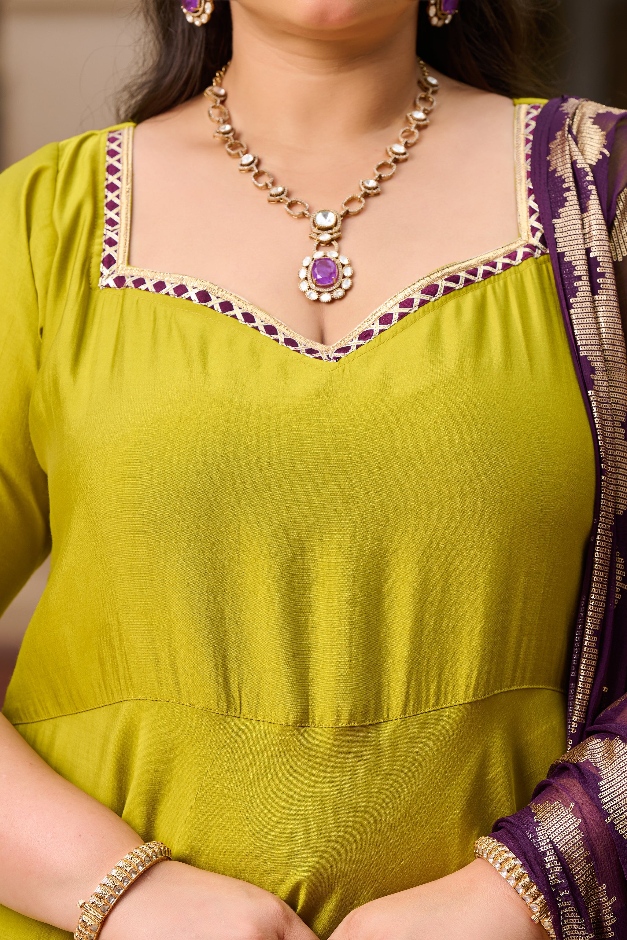 Plus Size Mehfil Magic Parrot Anarkali with Contrast Plum Dupatta