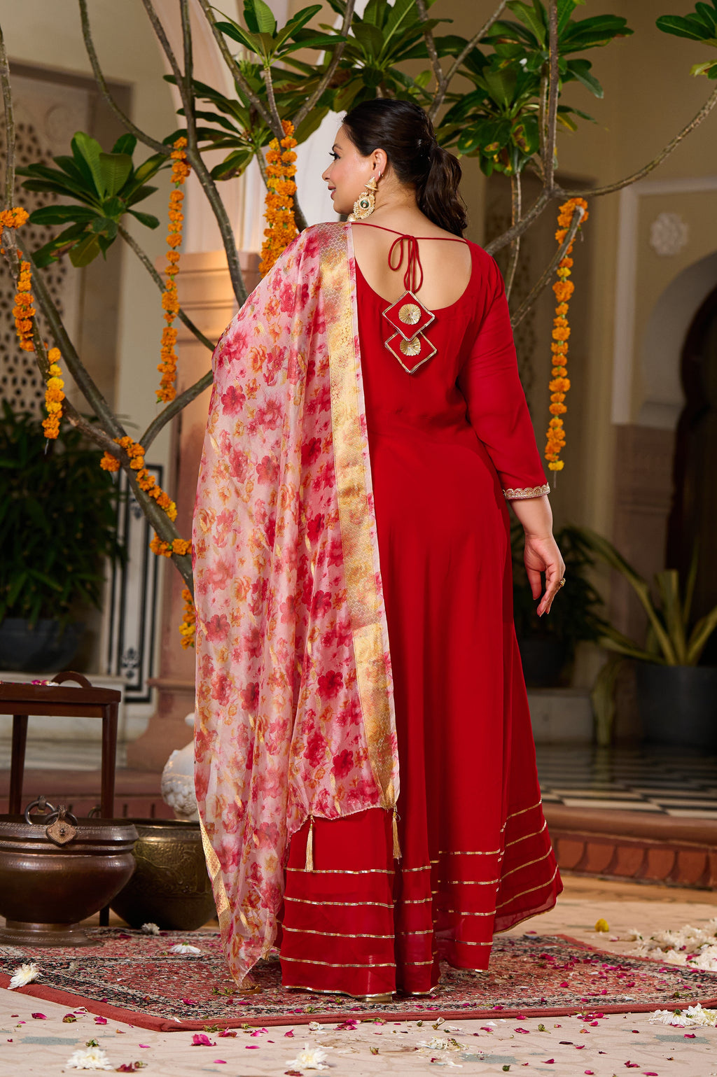 Plus Size Gulnaar Red Anarkali Kurta Set with Floral Organza Dupatta