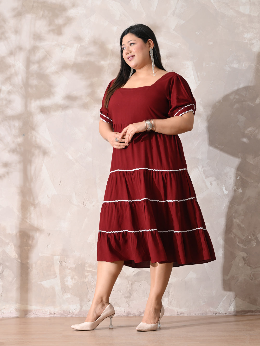 Deep Rust Rayon Dress with White Contrast Lace & Flowy Silhouette