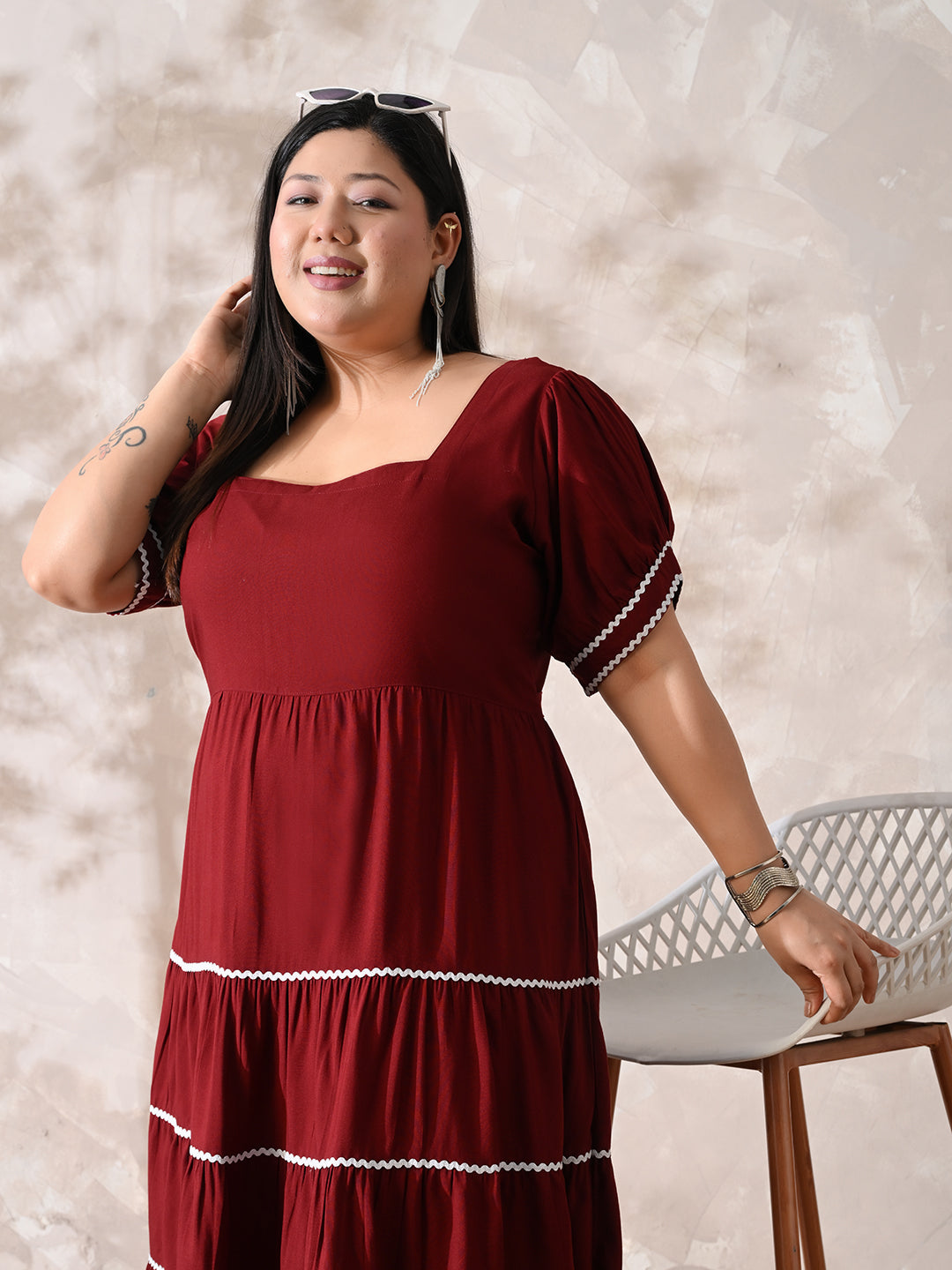 Deep Rust Rayon Dress with White Contrast Lace & Flowy Silhouette