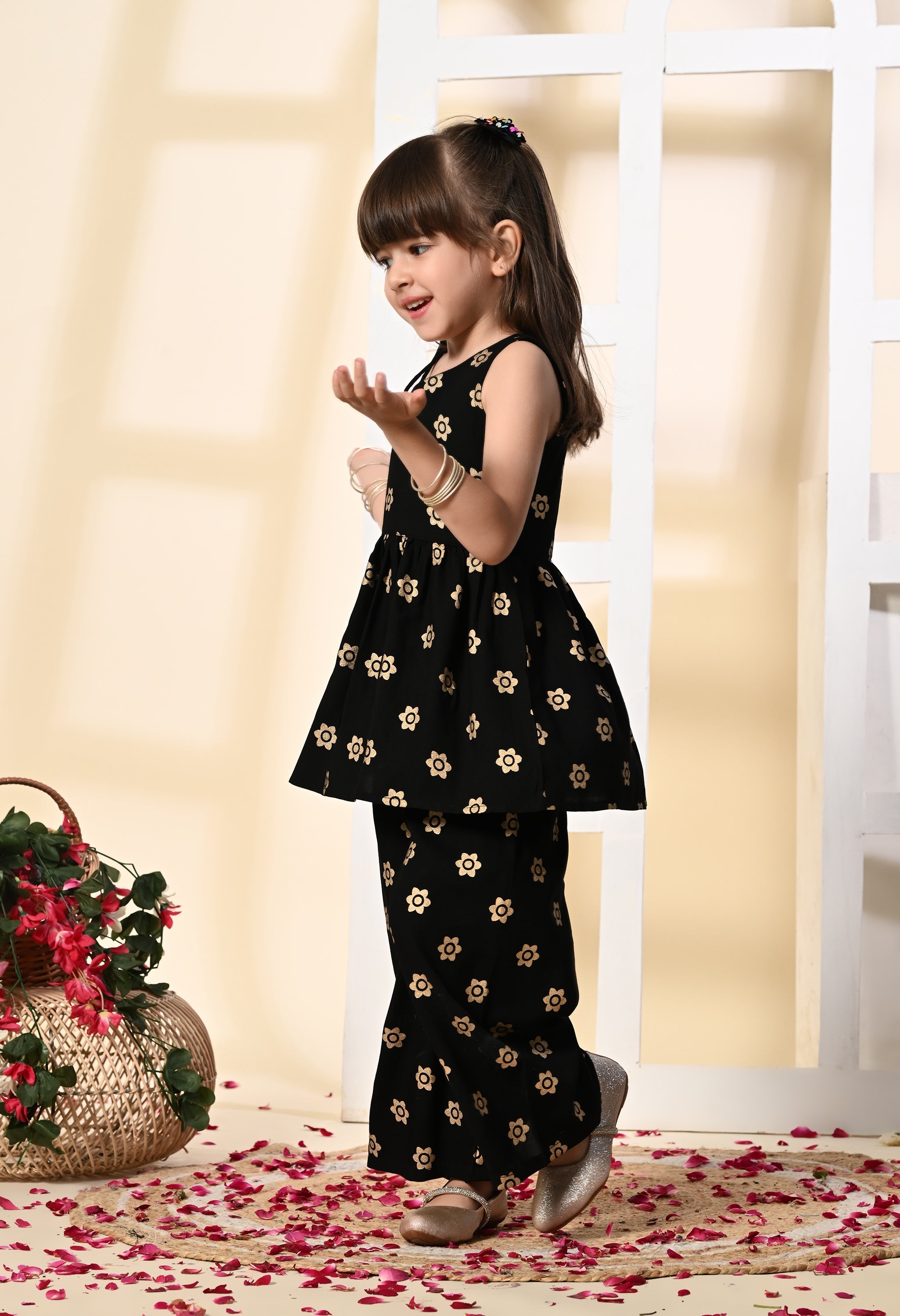 Girls Black Gold Printed One Shoulder Palazzo Set