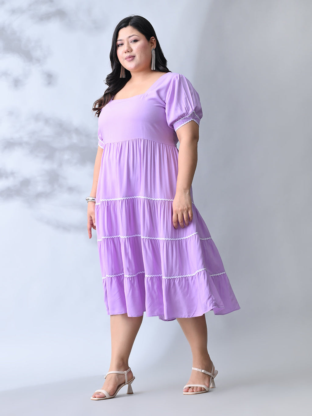 Lilac Dream Dress with White Contrast Lace & Flowy Silhouette