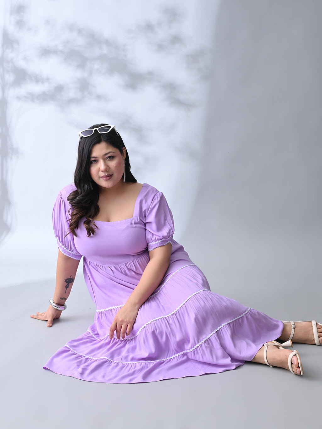 Lilac Dream Dress with White Contrast Lace & Flowy Silhouette