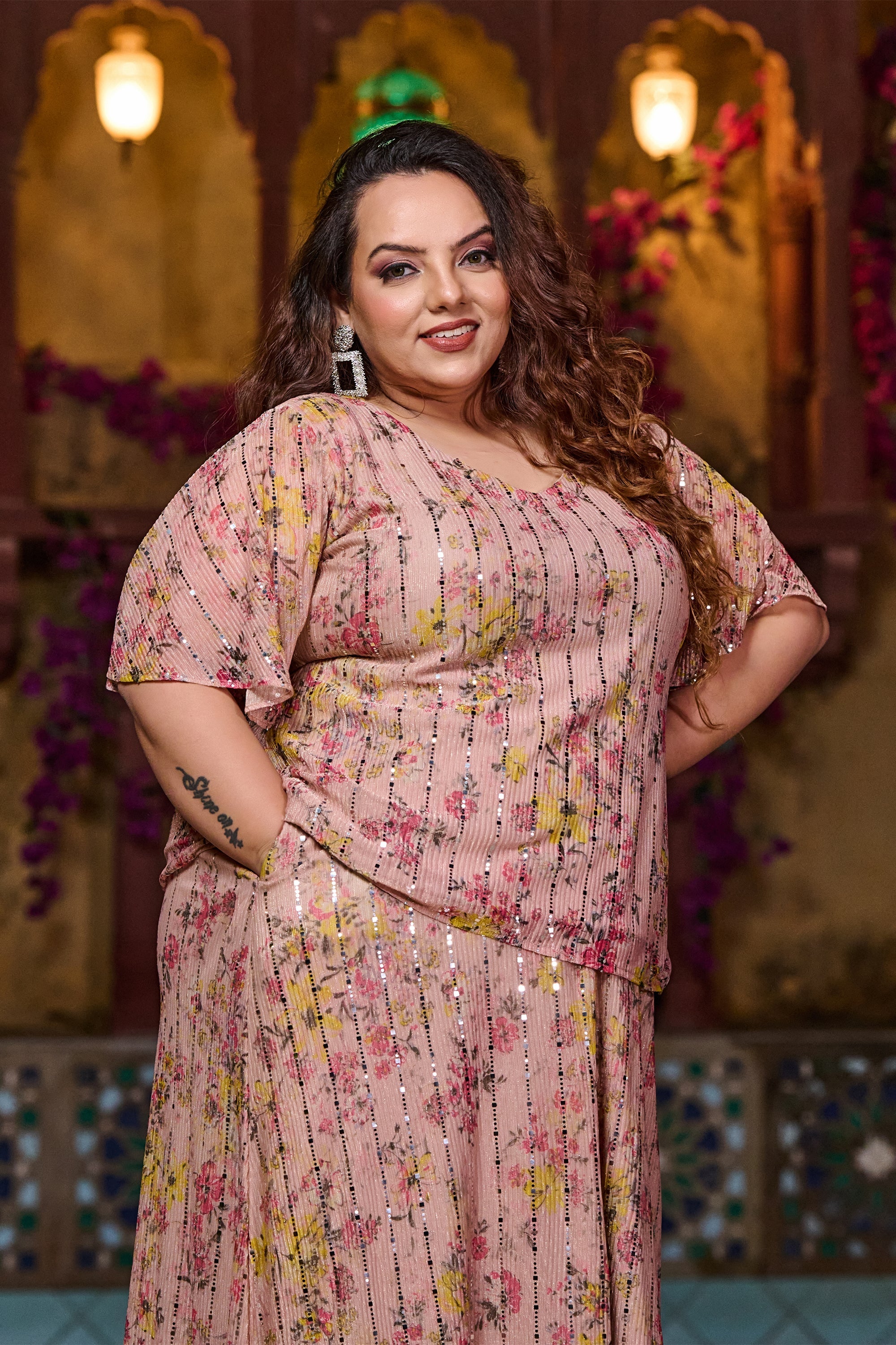 Plus Size Blush Pink Floral Sequin Top and Skirt Co-ord Set