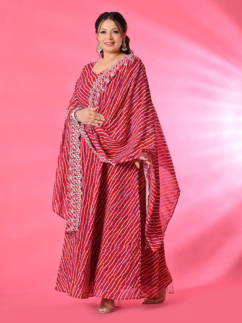 Plus Size Rani Pink Leheriya Anarkali with Dupatta
