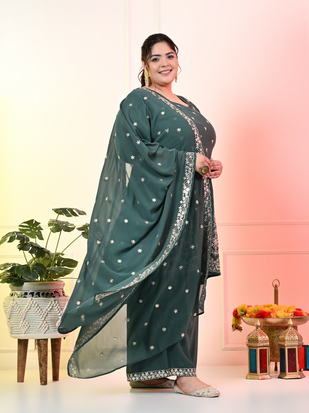 Plus Size Sea Green Embroidered Kurta Set with Dupatta